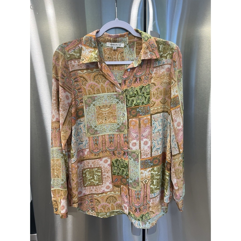 Rose + Olive Womens Medium Button Front Blouse Paisley Patchwork Boho
